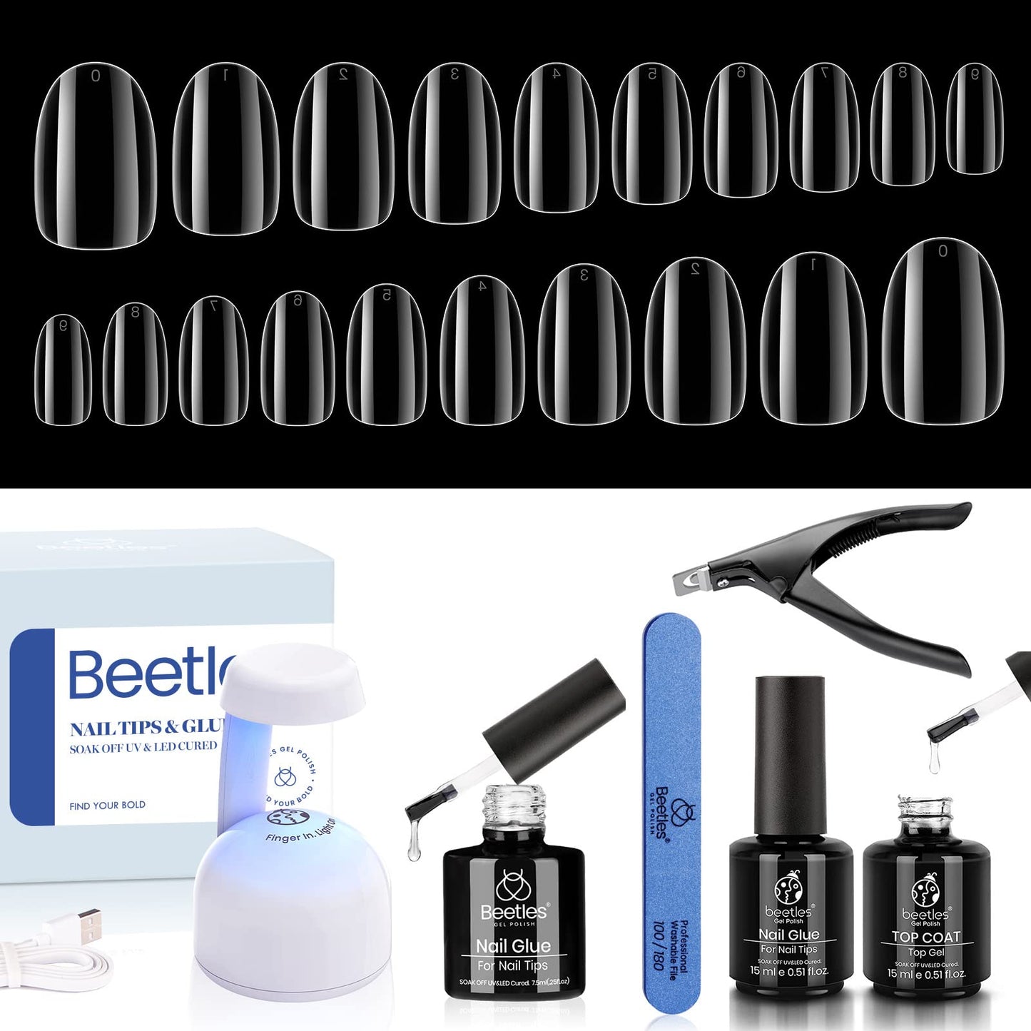 Beetles Gel Nail Kit Easy Nail Extension Set 2 In 1 Nail Glue Gel Base Coat with Pre Shaped Short Oval Almond Soft Gel Nail Tips and Led Nail Lamp Acrylic Nail Clipper Gelly Nail Tips for Diy Manicure