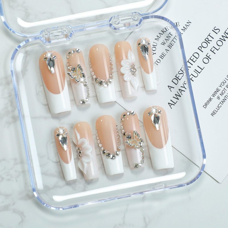 Handmade Nails Thick Press on Nails Long Coffin Fake Nails with Glue,Colourful Tropical Flower Art False Nails with Rhinestone Designs Reusable Nature Stick on Nail for Wome (Size M)