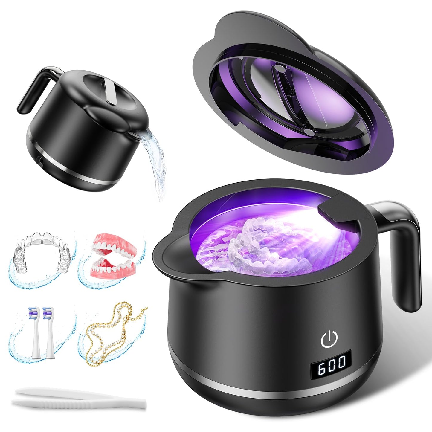 GYNHD Ultrasonic Retainer Cleaner Machine - 45kHz Ultrasonic Cleaner - 200ML Mouth Guard & Denture Cleaner Pod & Jewelry - 5 Modes with Digital Timer - Upgrade Water Bottle Design