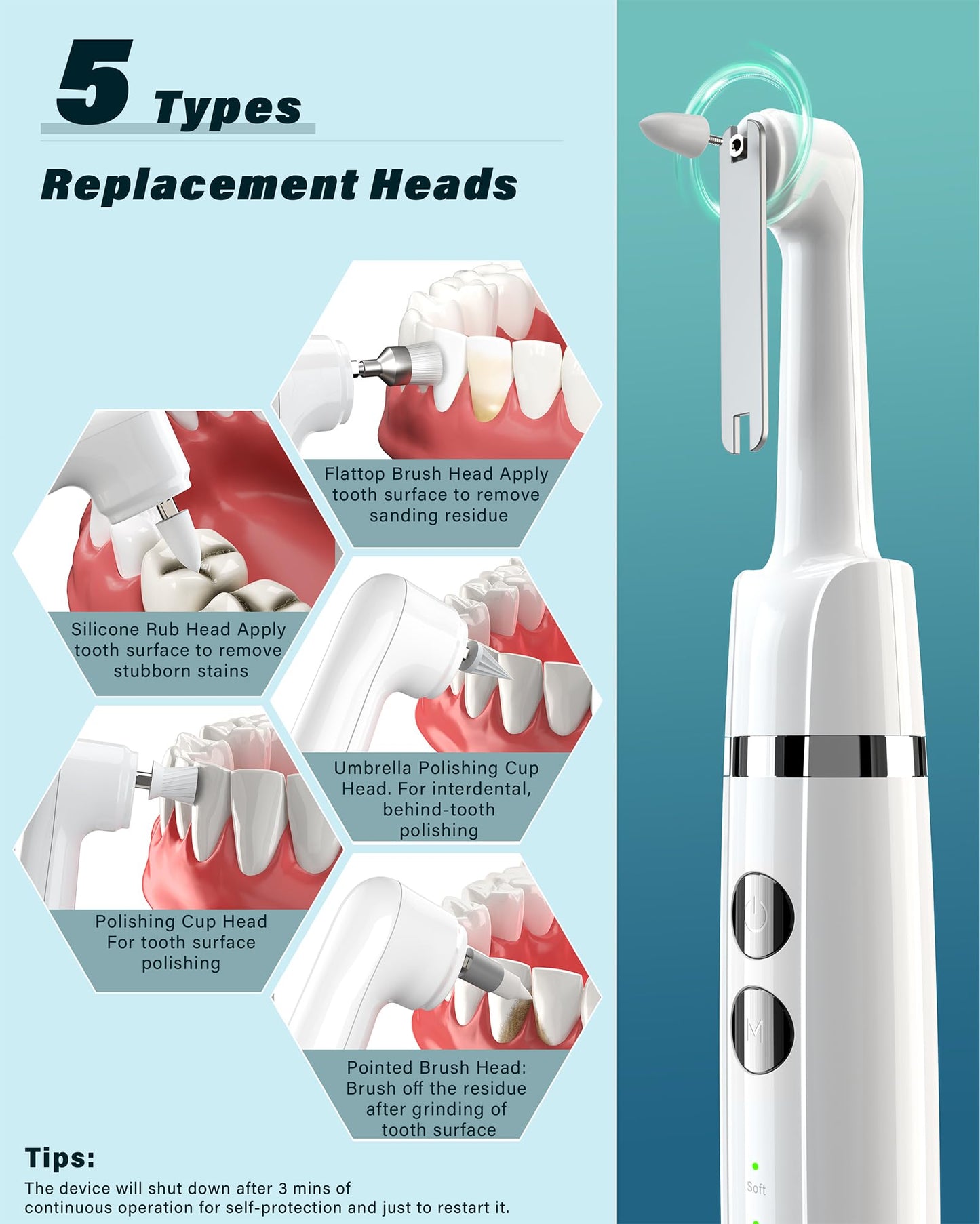 Tooth Polisher, Rechargeable Tooth Whitening Kit for Teeth Cleaning and Whitening, with 3 Tooth Polish Paste and 5 Brush Heads, LED Light, Easy to Use at-Home Personal Dental Care Kit
