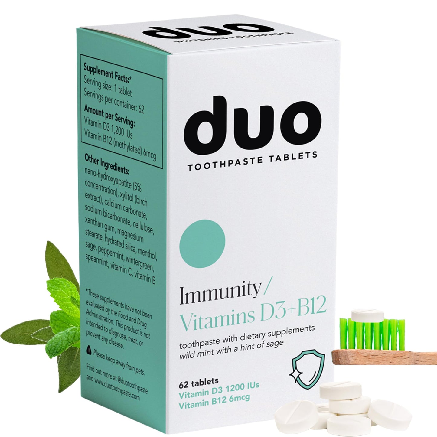 Duo Immunity Toothpaste Tablets | Vitamin D3 + B12 w/Nano-Hydroxyapatite (nHa) - Whitening, Remineralize & Reduce Sensitivity | Sustainable & Plastic Free | Wild Mint w/Sage, 1 Bottle/ 62 Tablets