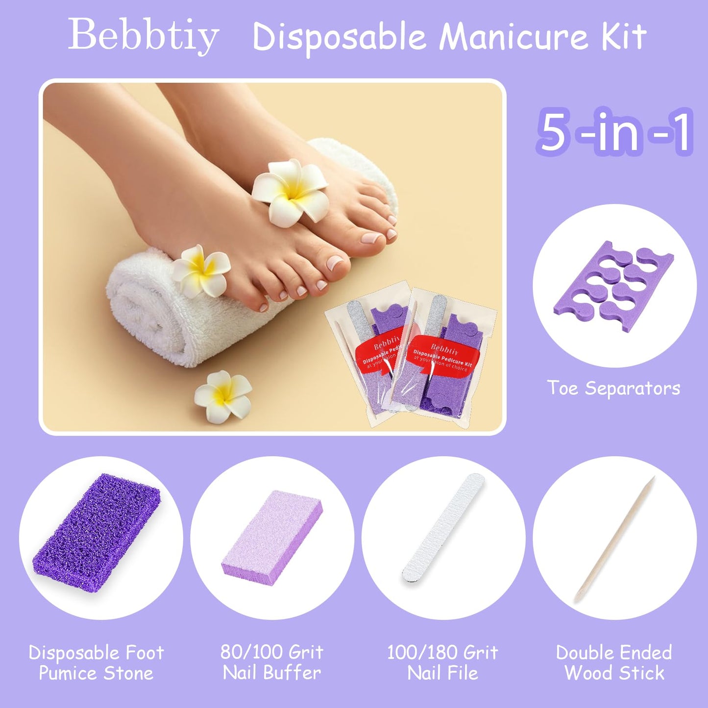 Disposable Pedicure Kit Sets, 5 in 1 Nail Salon Manicure Pedicure Kit Professional, Nail File, Pumice Pad, Mini Buffer, Toe Separator, Wood Stick, Individually Package (50, Count, 80/100 Grit)