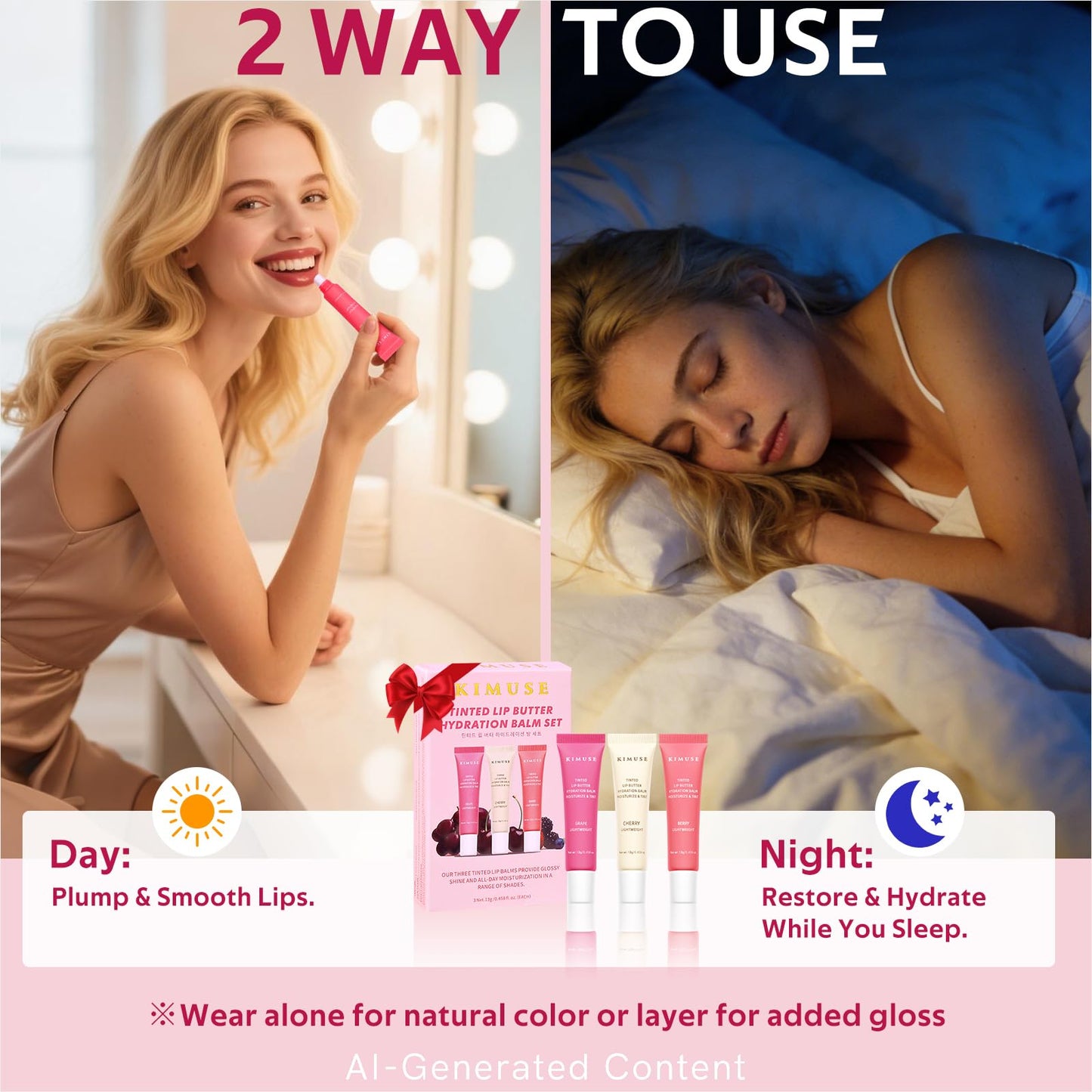 KIMUSE 3 Pack Tinted Lip Butter Hydration Balm, Hydrating Lip Treatment with Hyaluronic Acid & Vitamin E, Tinted Lip Balm for Instant Moisture, Shine & Hydration, Supple Lips, Vegan & Cruelty-Free