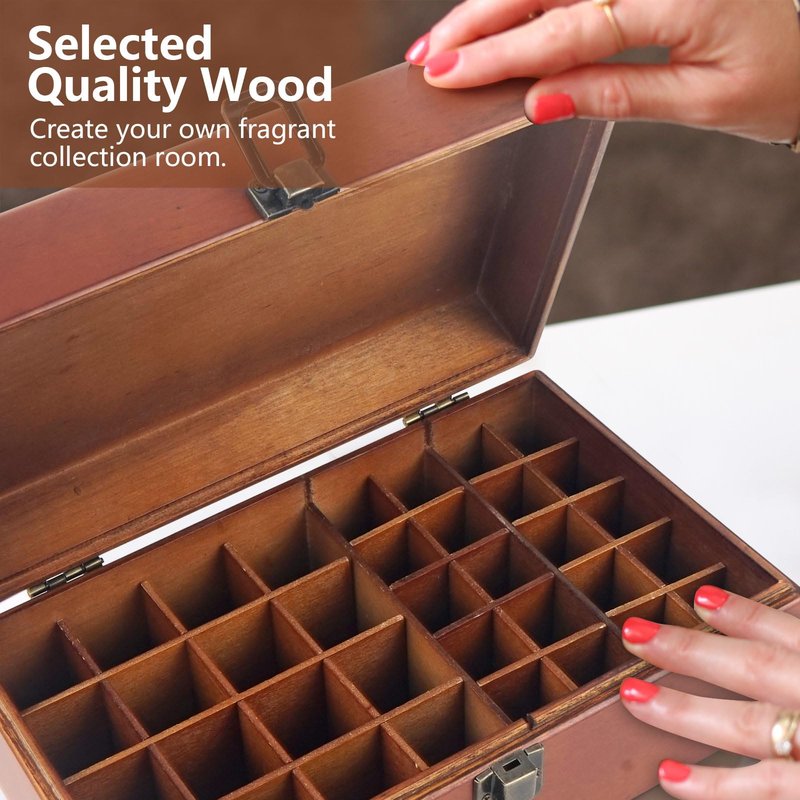 Pure Vie Wooden Essential Oil Storage Box Travel Organizer Case with Bottle Cap Label - Aromatherapy Nail Polish Fragrance Container, Holds 32 Bottle for 5-15ml - Keep Scented Oil Safe & Space Saver