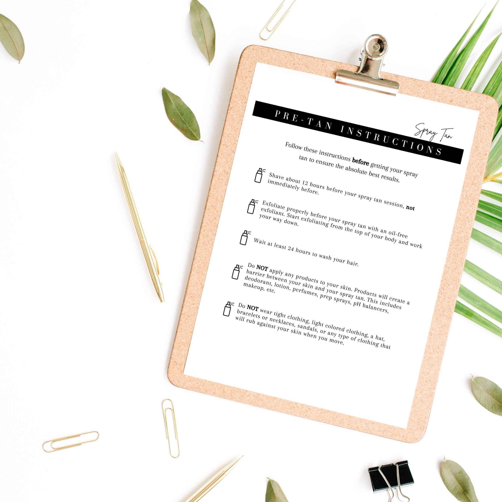 Spray Tan Intake Forms, Consent, Aftercare Instructions |75 pk 25 of each printed | Pre-tan before your spray, rapid spray tan included 8.5 x 11” Client Intake Signature Minimalist Black White