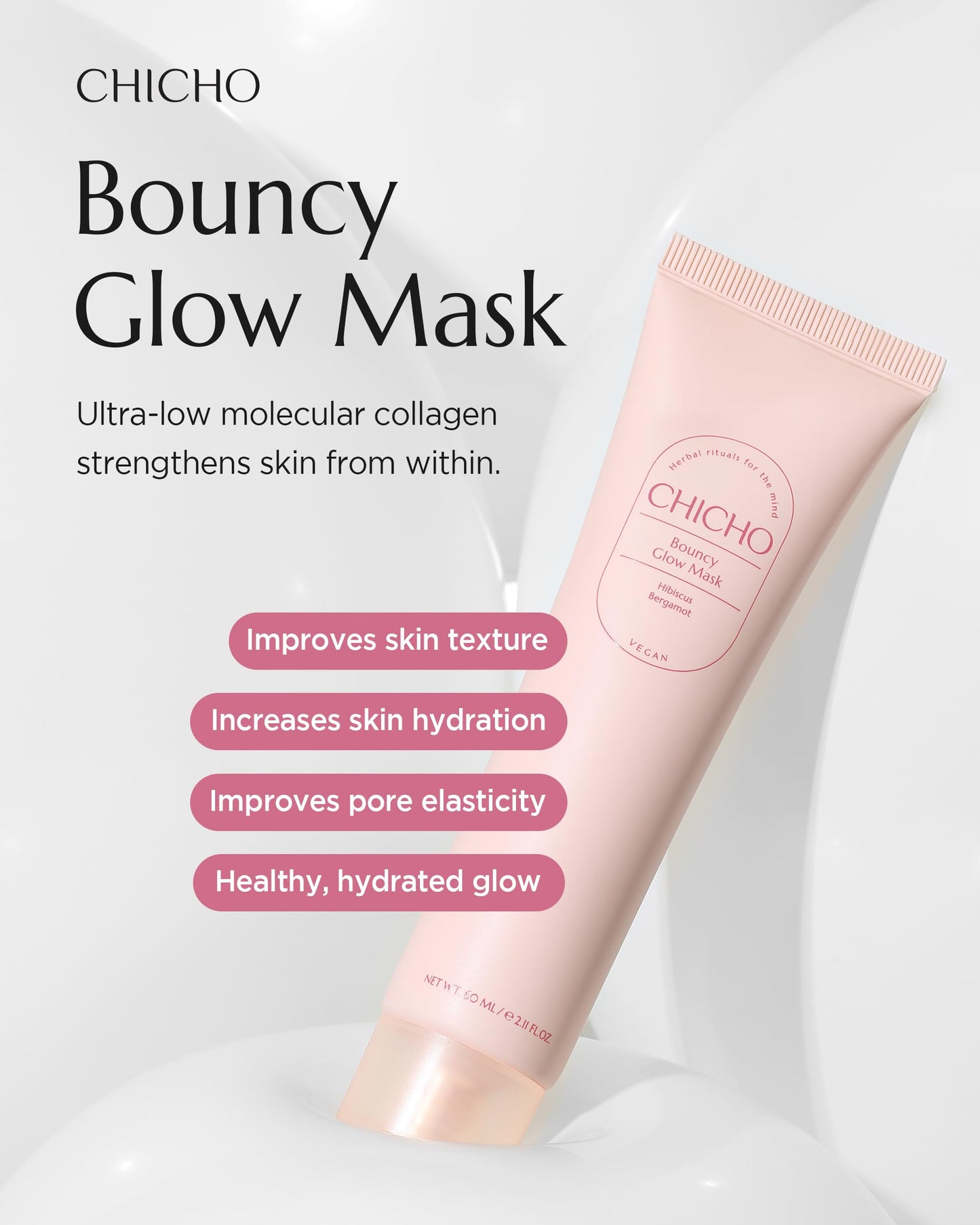 CHICHO Bouncy Glow Overnight Wrapping Peel-Off Mask (2.03 oz) – Vegan 300Da Hibiscus Collagen Film Mask for Glass Skin & Elasticity, Korean Sleeping Face Pack, Sensitive Skin