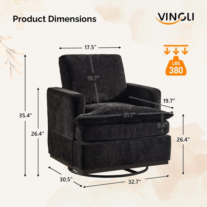 VINGLI 360° Swivel Accent Chair with Double-Layer Seat Cushions, Comfy Single Square Sofa Armchair, Upholstered Club Chair for Living Room,Bedroom, Reading Room, Chenille Black