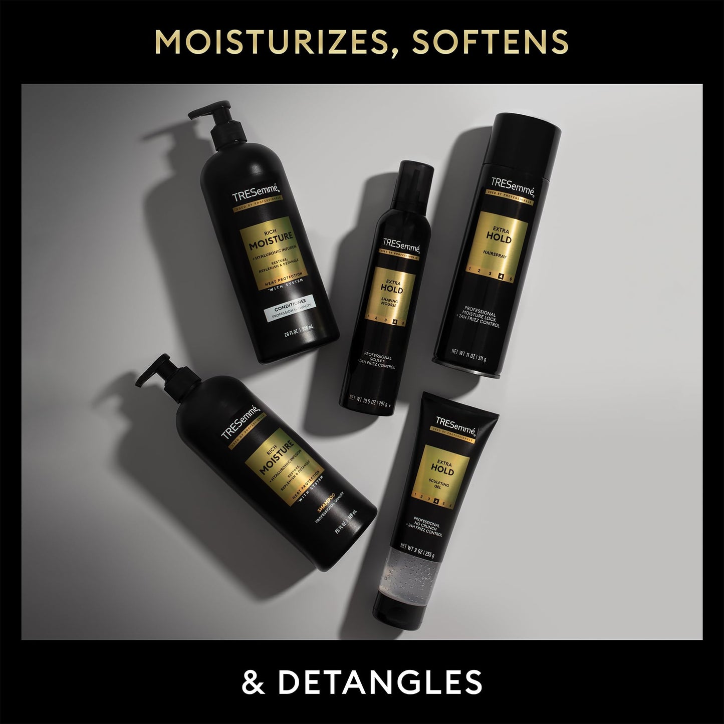 TRESemmé Travel Essentials, Rich Moisture Shampoo and Conditioner Set, Hydrating Hair Detangler with Hyaluronic Acid, 3 Oz Ea