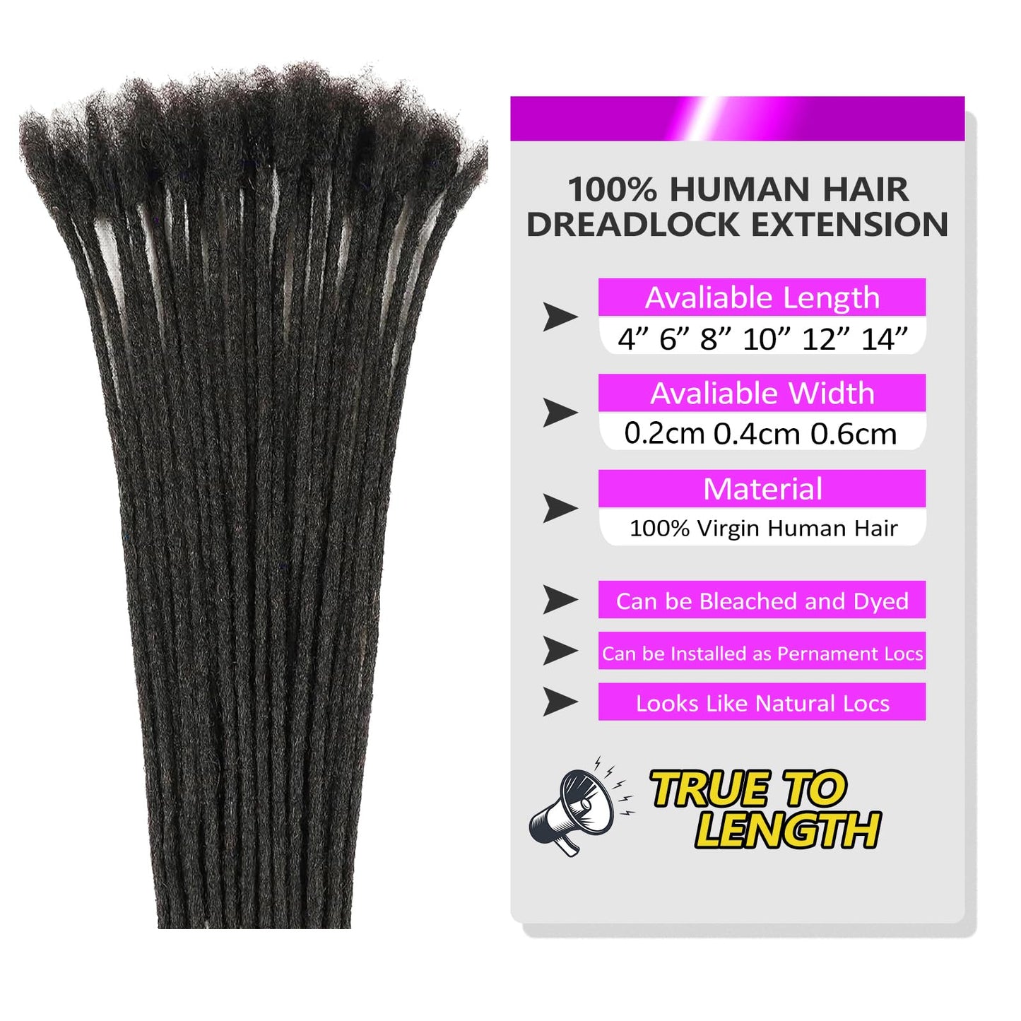 0.6 cm Width 8 Inch 20 Strands Human Hair Loc Extensions, Natural Black 100% Full Handmade Permanent Real Human Hair Dreadlock Extensions for Women/Men/Kids Can Be Dyed Bleached Curled Twisted
