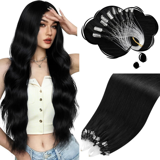 Moresoo Micro Link Hair Extensions Human Hair, Jet Black 22 Inch 50G,Microlink Extesnions Long Straight, Adds Length and Volume, for Fashion Women Photoshoot Party and Glam Looks