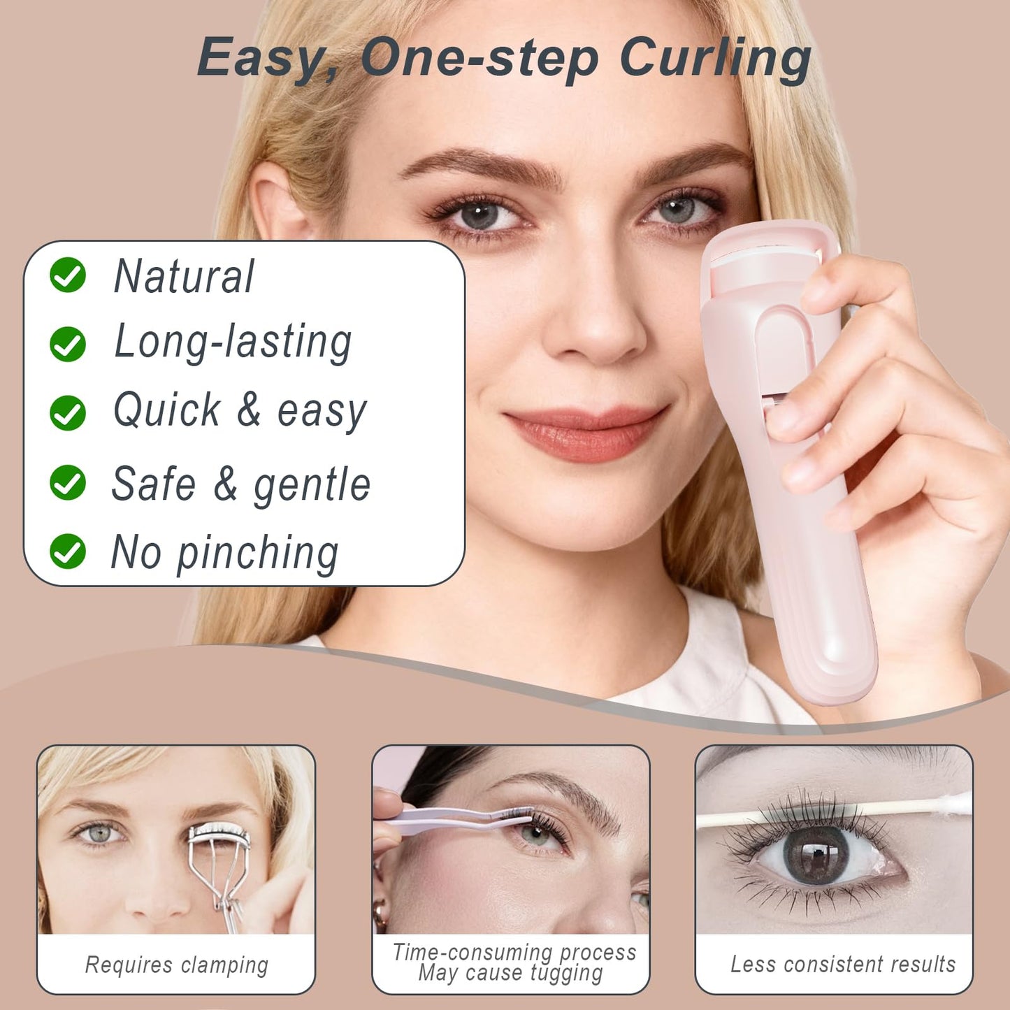 Heated Eyelash Curler for Women, Type-C Rechargeable with 3 Temp Settings & Silicone Pad for Natural C Curl, Travel-Friendly Heated Lash Curler (Pink)