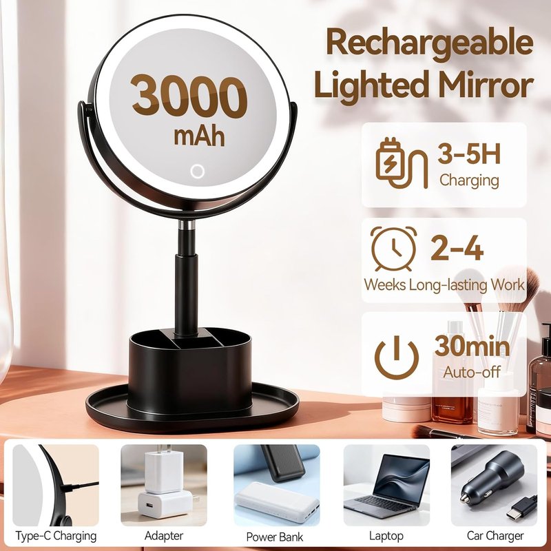 Shinowa Makeup Mirror - 1X/20X Lighted Magnifying Vanity Mirror with Storage & 3 Color Lights | Adjustable Height, 360° Rotation, Rechargeable, Black