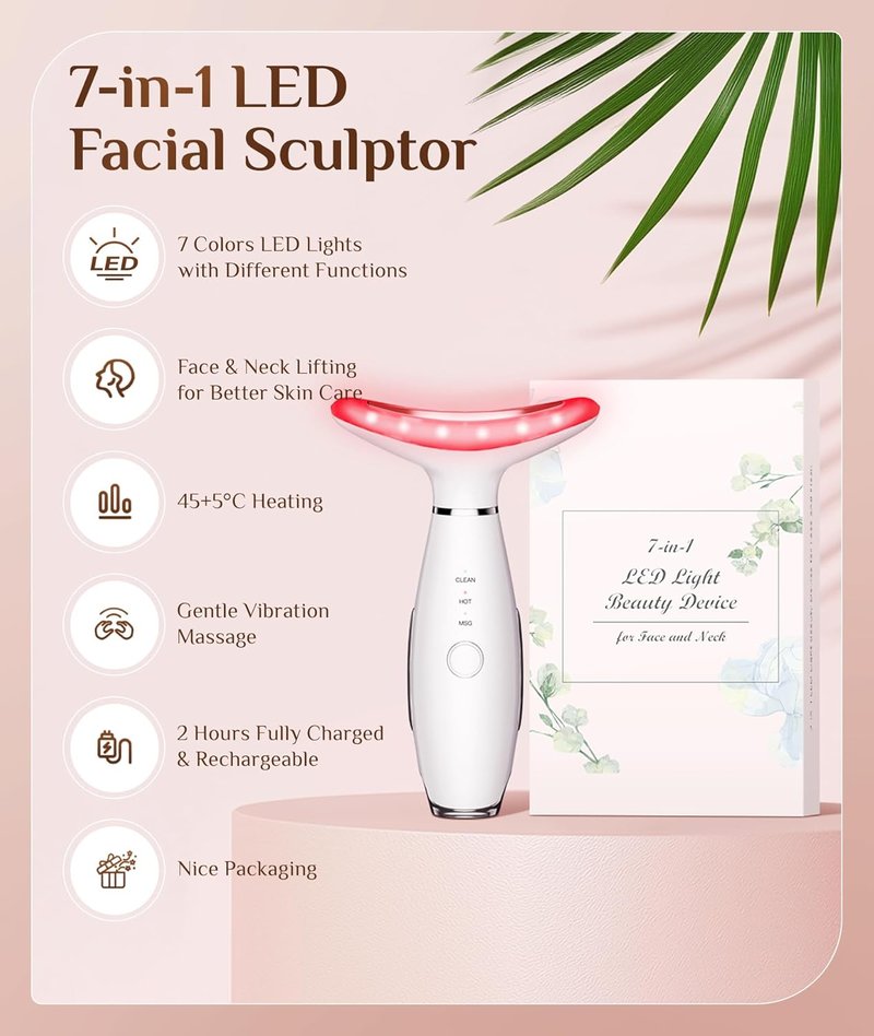 Galvanic Facial Machine - 7 Color Red Light Therapy Tool for Wrinkles & Double Chin | Vibrating Massager, White