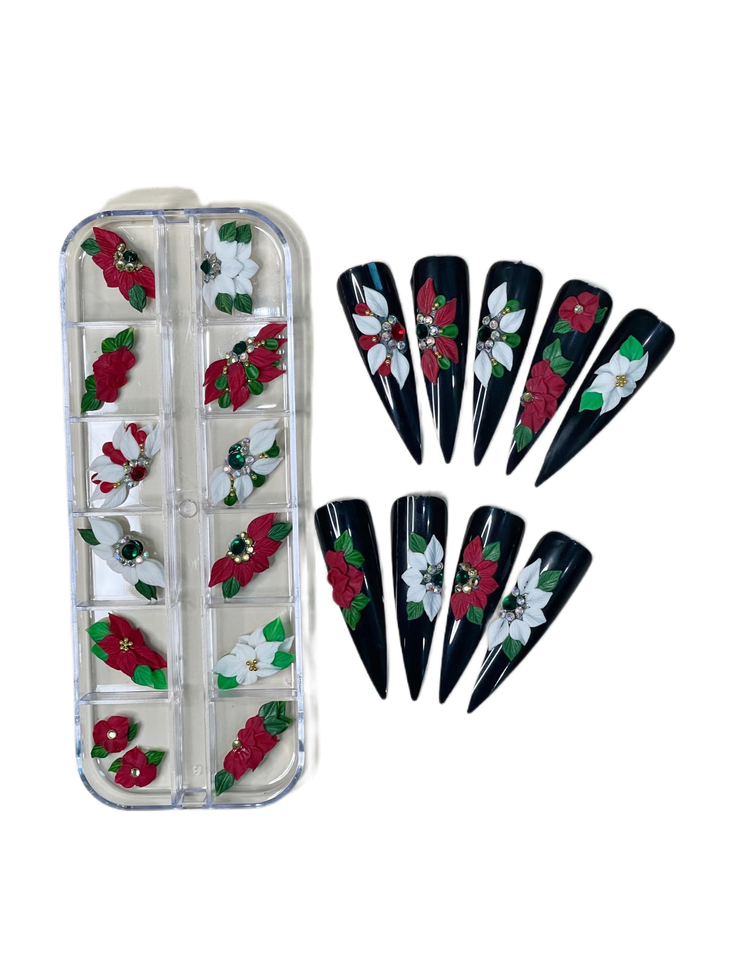 3D Acrylic Christmas Flower Nail Art Charms Handmade by Acrylic Powder - 24pcs Noel Flowers Nail Rhinestones Kit 3D Nails Design Xmas Nail Art for Women (Christmas Flowers 2-Medium & Long Size)