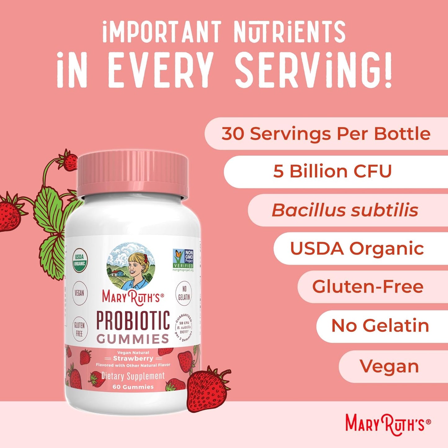 Organic Probiotic Gummies - Digestive & Immune Support Supplement | 5 Billion CFU | Vegan, Non-GMO, Gluten-Free | 60 Count