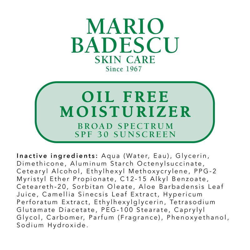 Mario Badescu Oil Free Moisturizer with Broad Spectrum SPF 30 Face Sunscreen for Combination, Oily & Sensitive Skin, Lightweight and Non-Greasy Formula with Green Tea & Aloe Vera, 2 Fl Oz