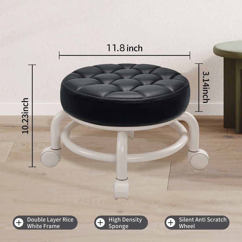 HPONQIONE Round Rolling Low Stool- PU Leather Low Stool 360° More Comfortable Swivel with Thickened Sponge Cushion for Nail Salon, Pedicure, SPA and Home (Black)