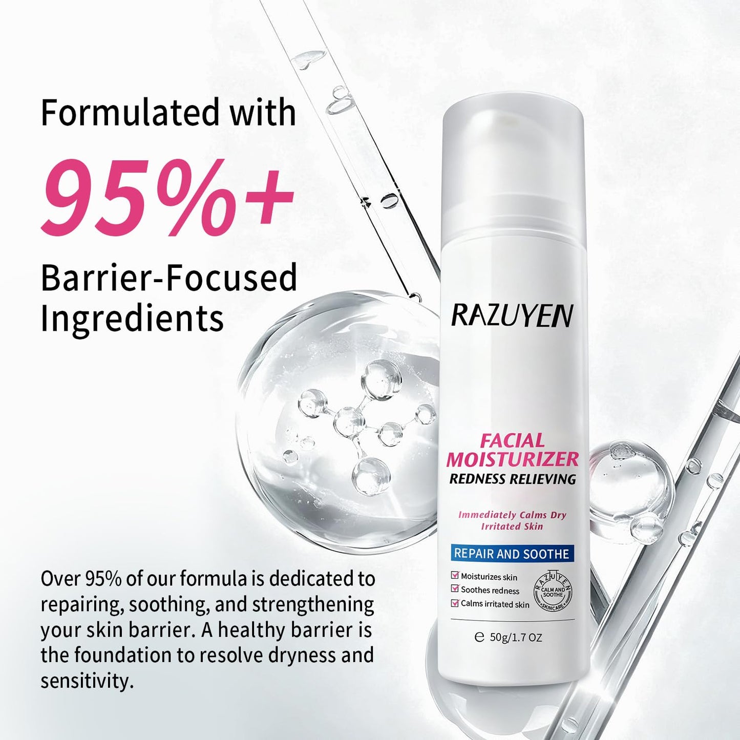 RAZUYEN Panthenol Cream, Soothing Face Repair Cream for Sensitive Skin, Fragrance Free, Non-Comedogenic, Hypoallergenic, Ceramide Moisturizer for Calming and Hydrating Skin, 1.7 Oz