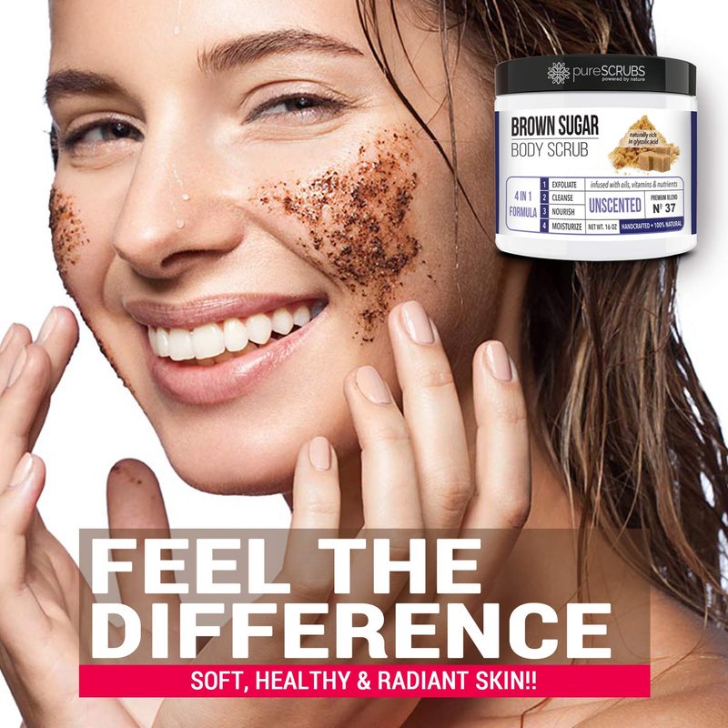 Premium Unscented Brown Sugar Body Scrub - 16oz Jar | Exfoliating Face, Feet & Full Body Care with Spoon & Loofah