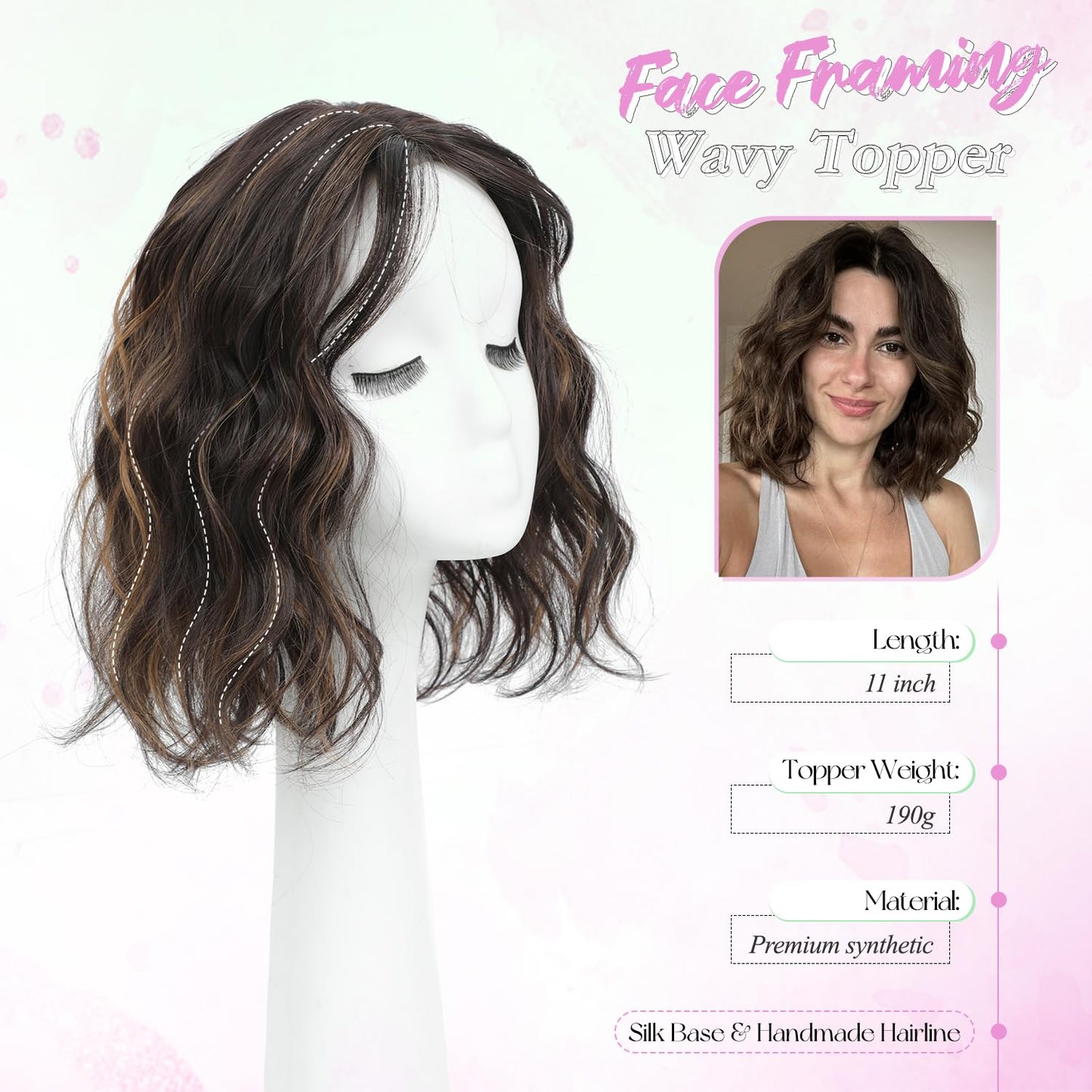 UDU Short Wavy Hair Topper 11 Inch for Women, Wavy Hair Piece with Side Bangs, Lightweight Breathable Hair Topper for Thinning Hair, Natural Looking Volumizing Top Piece