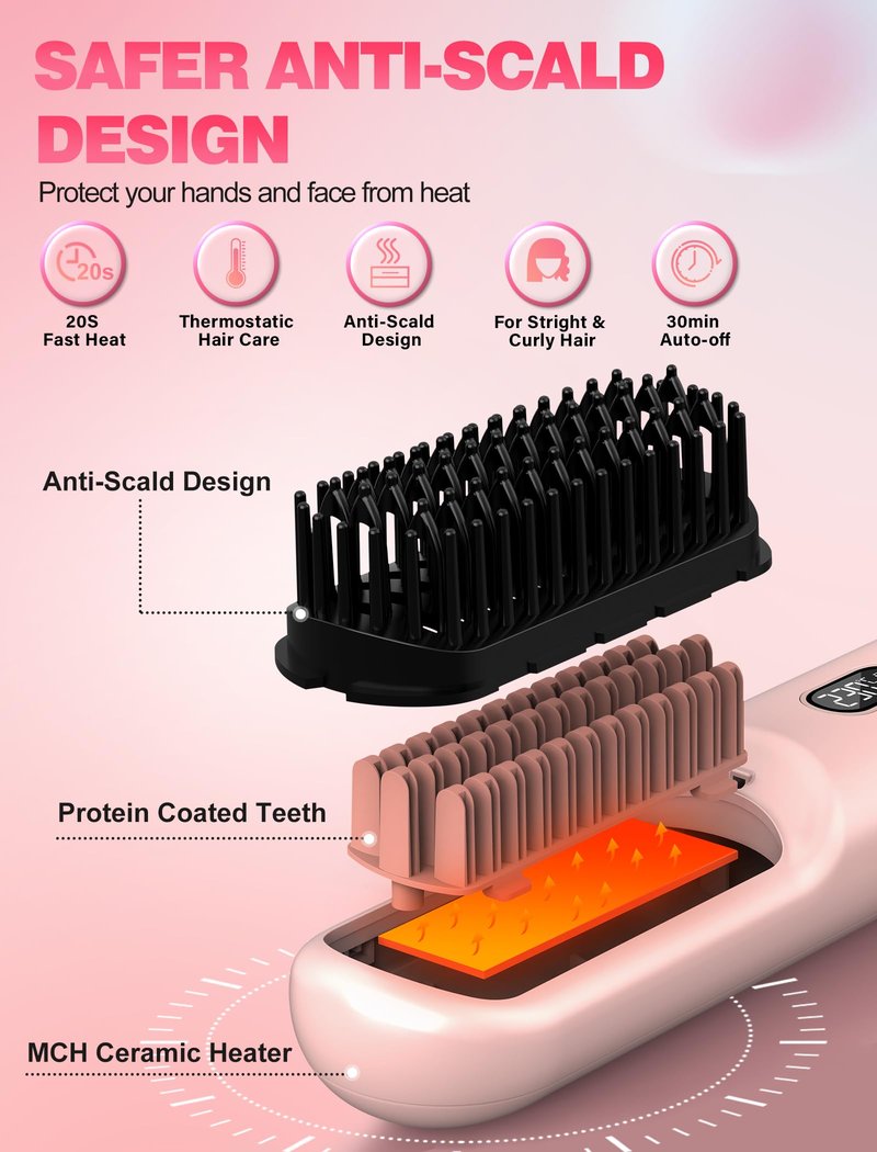 Portable Cordless Hair Straightener Brush for Travel,Mini Hair Straightener Comb with Negative Ion,Hair Straightener Brush Hot Comb for Women, Rechargeable 9600mAh Battery,12 Temp-Setting,Pink