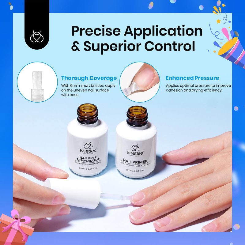 Beetles 20ml 2Pcs Nail Dehydrator and Primer, Large Capacity Acid Free Acrylic Nail Prep Dehydrate and Primer for UV Gels Superior Bonding Professional Salons Set
