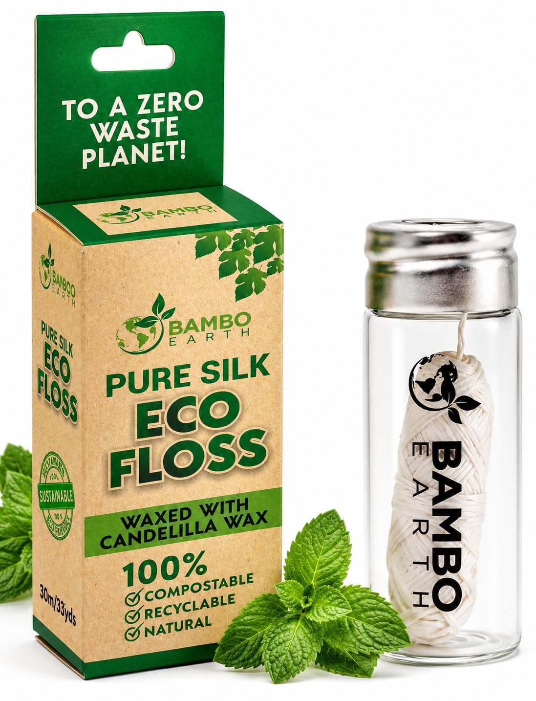 Biodegradable Mint Dental Tooth Lace Floss With Refillable & Reusable Glass Holder - 100% Organic Natural and Compostable Teeth Silk Spool Waxed With Candelilla Wax & Eco-Friendly Zero Waste Packaging