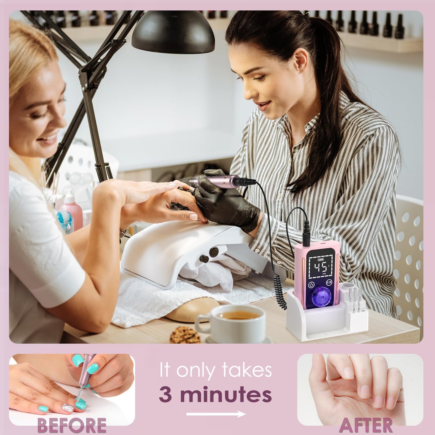 ANBEISTEE Electric Nail Drill 45000 RPM, Professional Rechargeable Nail File Kit, Portable Nail Drill Machine, Acrylic Nail Kit, Touch Screen Control, for Any Manicure, Pedicure, Pink