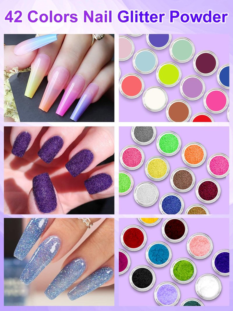 Professional Acrylic Nail Kit for Beginners - 42 Colors Glitter Powder, Liquid, UV Light, Drill, Practice Finger Nail Bag Organizer Case