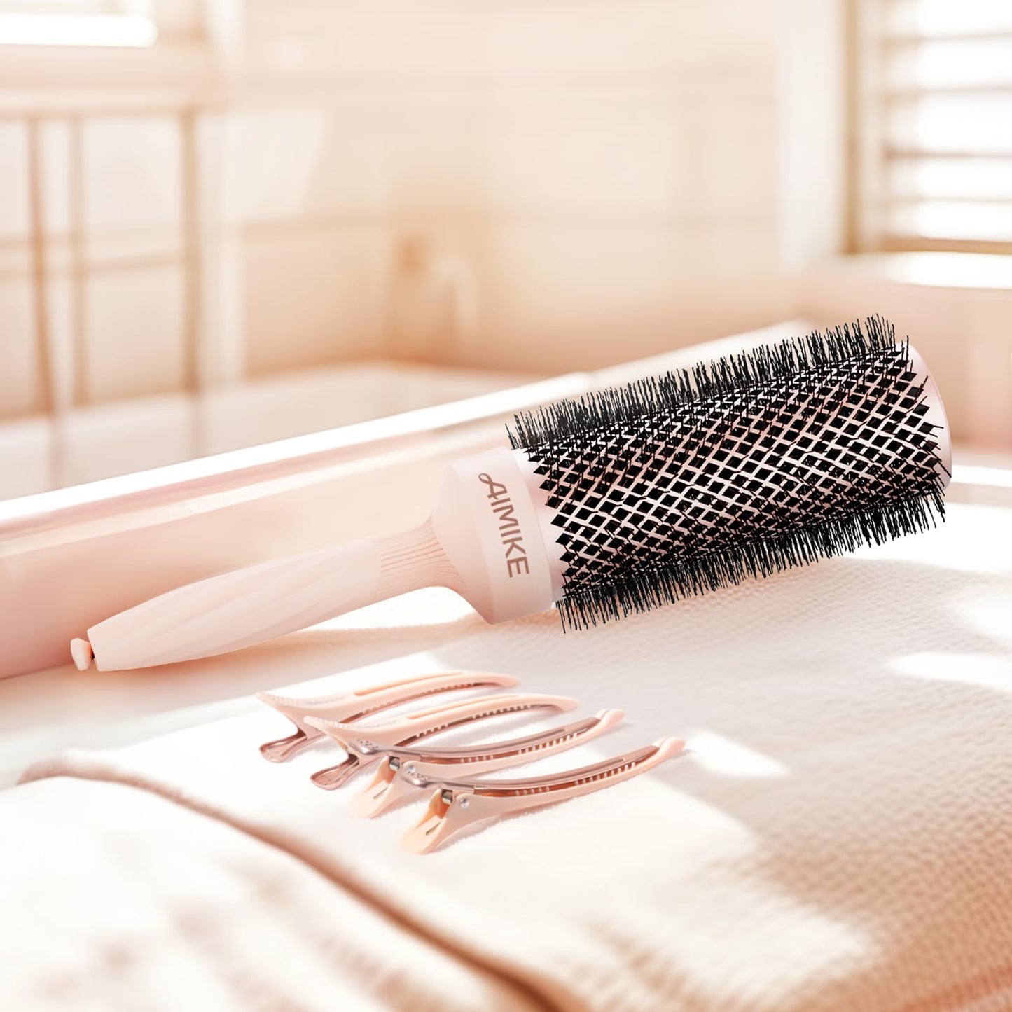 AIMIKE Round Brush for Blow out, Rose Luxe Extra-Long Round Hair Brush Ionic & Nano Thermal Ceramic Tech, for Blow Drying & Styling Volumizing Thick Long Hair, with 4 Clips (Barrel 2.1", Bristle 3")