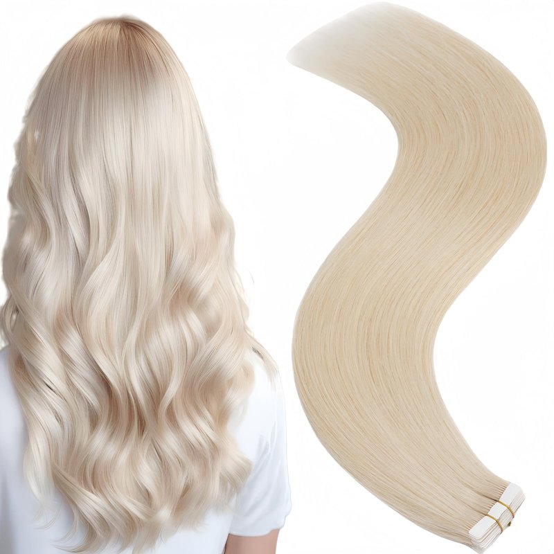 FUOTONBUTY 10pcs Tape in Hair Extensions Human Hair Invisible Tape in Hair Extensions Seamless Tape ins Tape on Real Human Hair Extensions Thick End (Platinum Blonde, 22 inch)