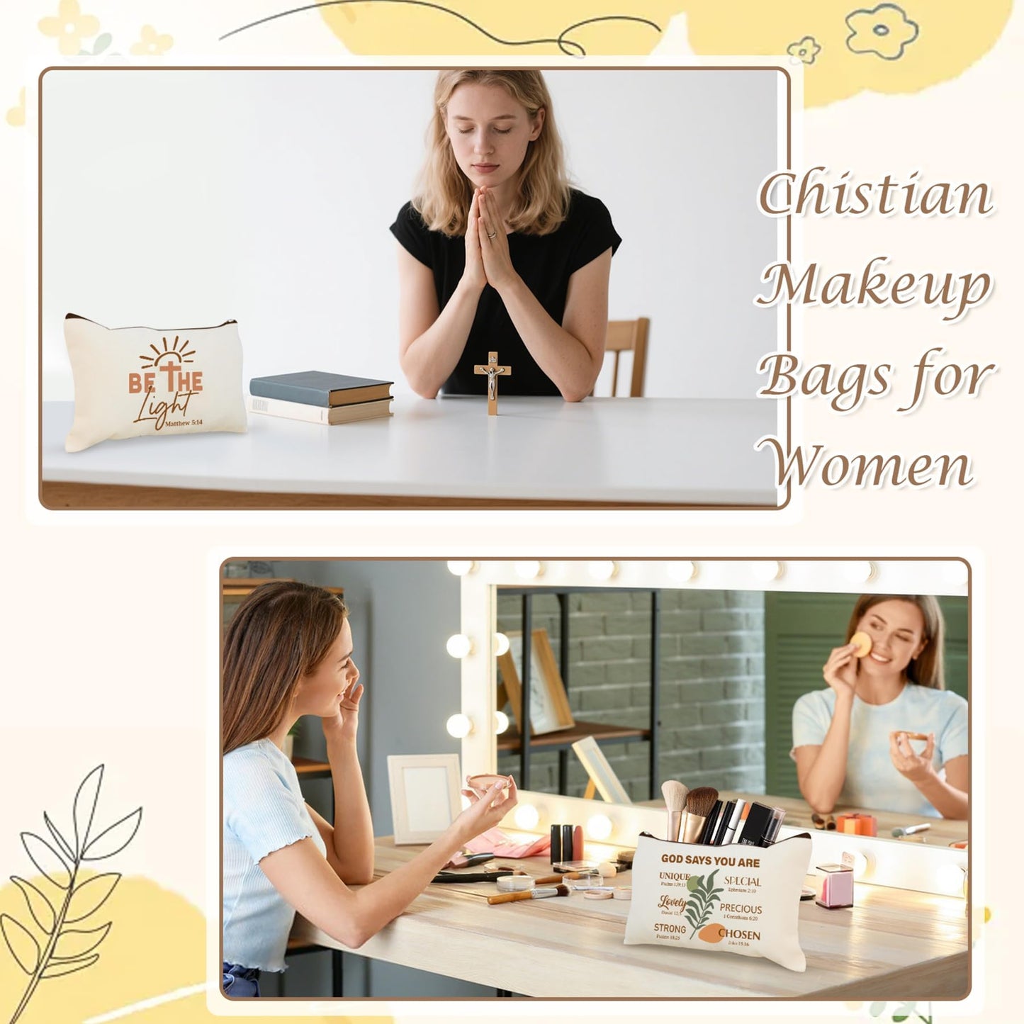 Kuabiz 24 Pcs Christian Makeup Bags Bulk for Women Boho Bible Verse Cosmetic Bags Christian Gifts Inspirational Canvas Pouches with Zipper for Cosmetics Journaling Motivational Supplies
