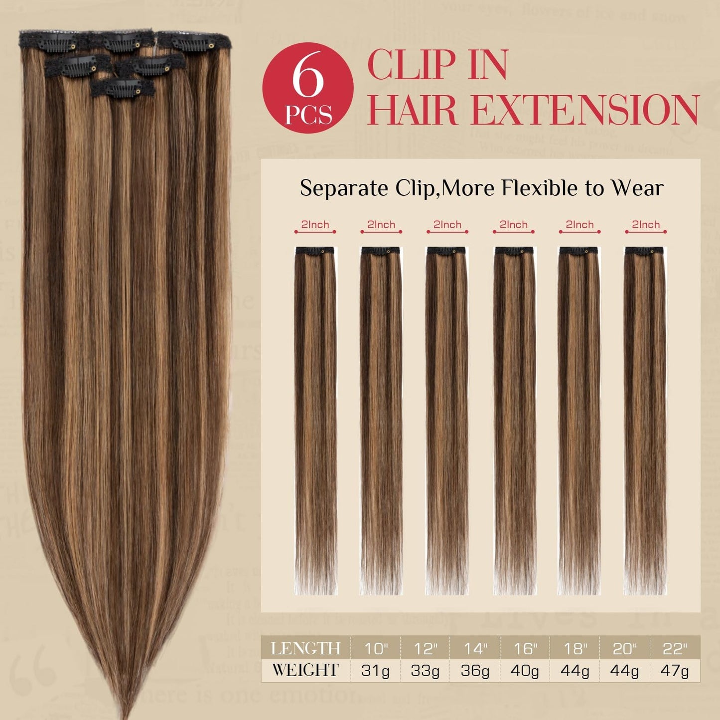 Rich Choices Real Human Hair Clip In Extensions-6 Pcs Single Clip Design-Invisible Clip in Extensions for Thin Hair-Hairpieces for Women/Men-14 Inches #2RP6 Chocolate Brown Highlight Light Brown