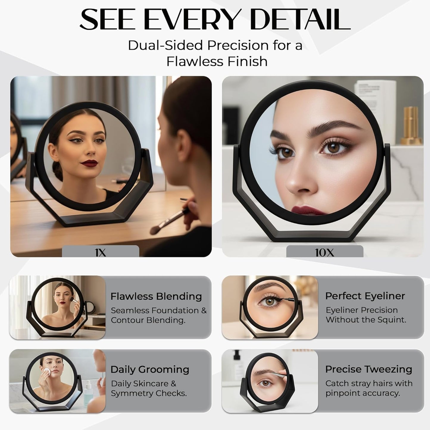 Round Soft Touch Vanity Mirror - 1X/10X Magnifying Black Matte Makeup Mirror | Portable Tabletop & Desk Use