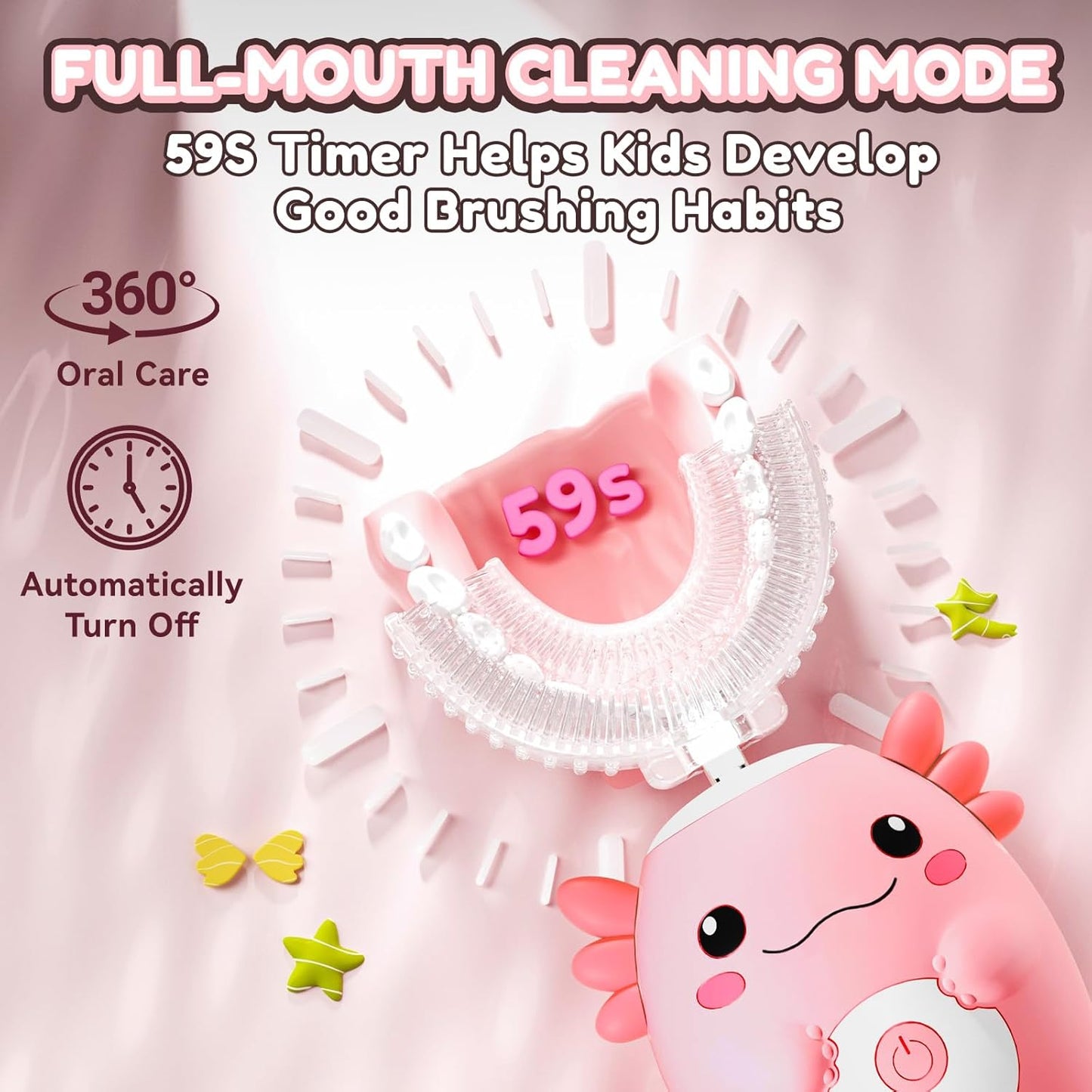 Kids Electric U-Shaped Toothbrush - Cartoon Axolotl Sonic Brush with 6 Heads & 6 Modes | Age 2-15, Pink