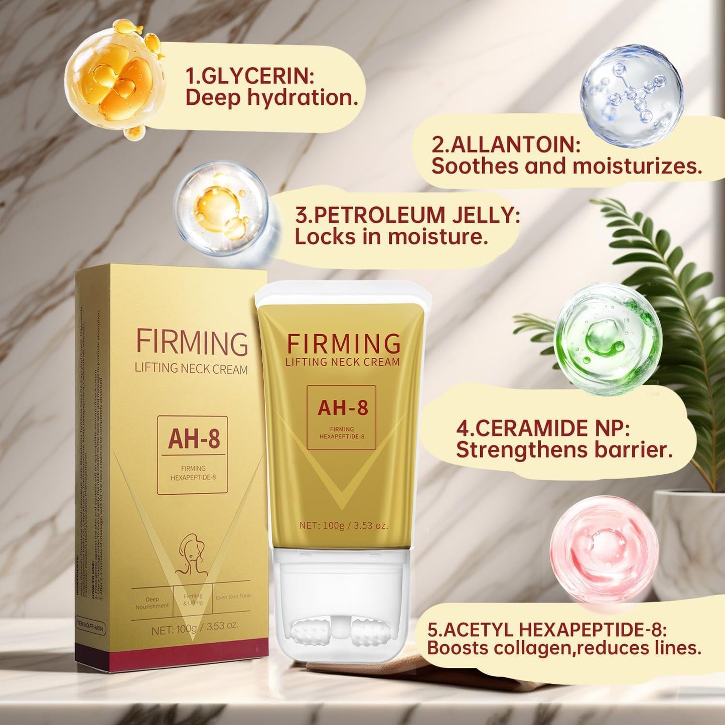 Mtmult AH-8 Firming Neck Cream - Anti-Aging Neck Tightening Cream with Roller Applicator - Reduces Sagging Skin & Fine Lines - Hydrating for Dry Winter Skin - For Women & Men (2PC)
