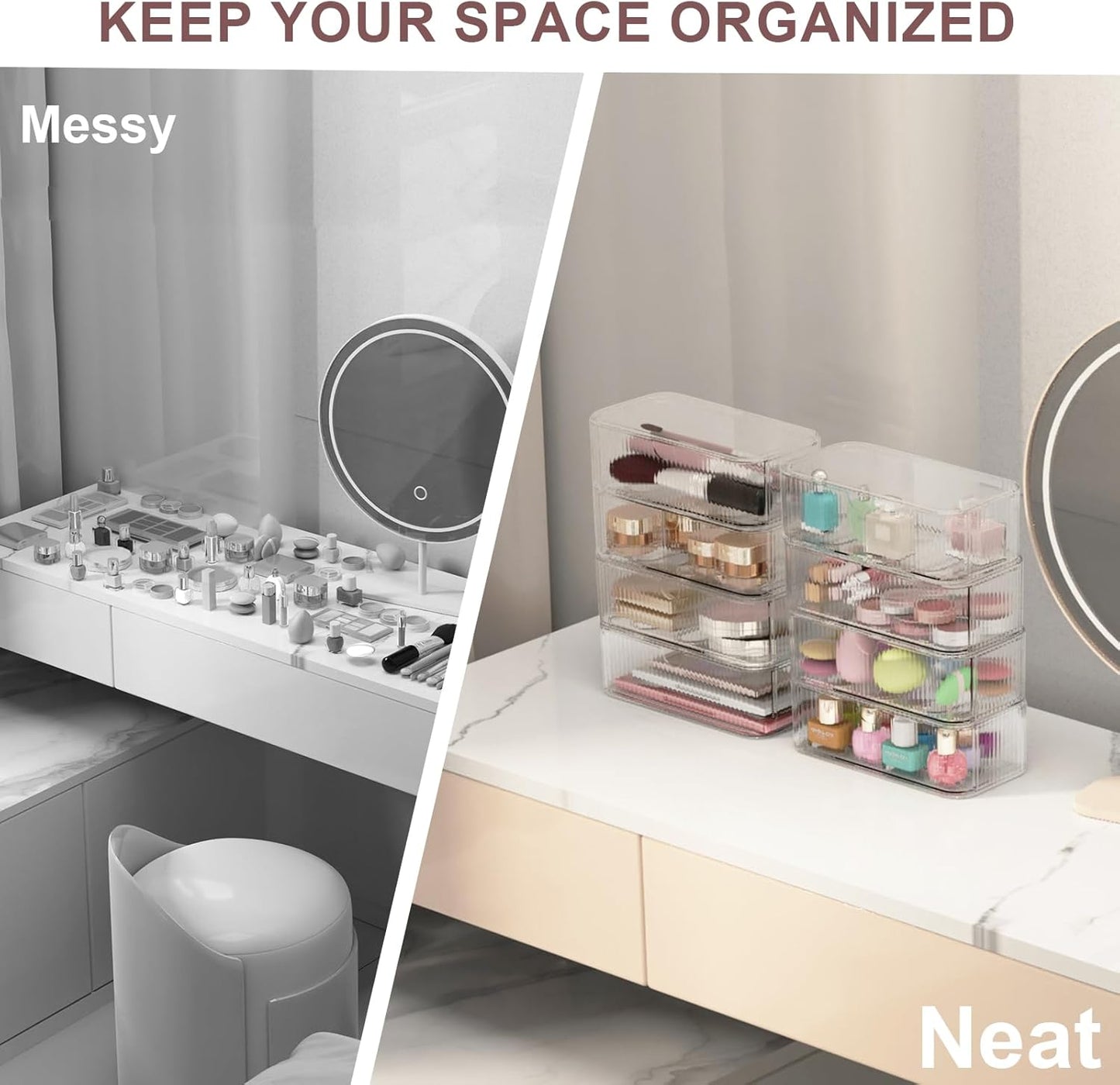 Clear Stackable Storage Drawers - 8-Pack Multi-Purpose Organizers with Non-Slip Silicone Feet | Transparent Acrylic Bins for Vanity, Office, Bathroom, Pantry