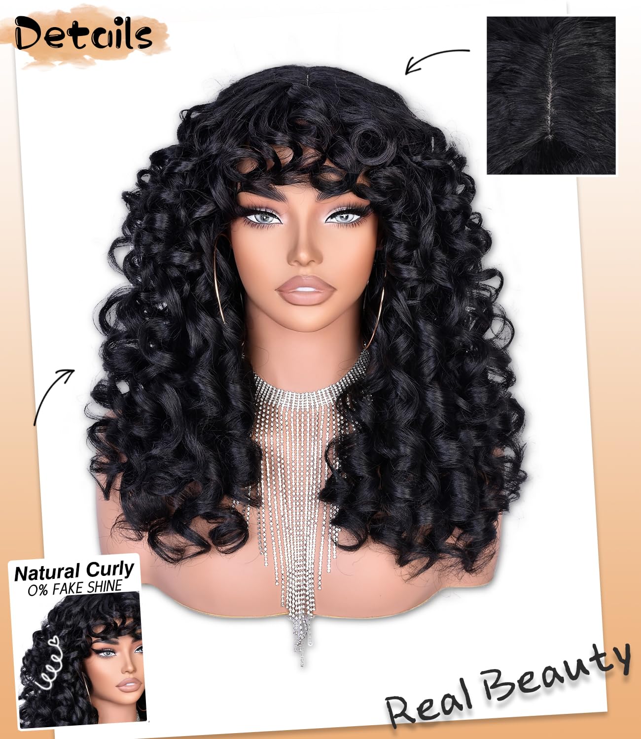 RunM Curly Wig with Bangs for Black Women Black Long Curly Afro Wig