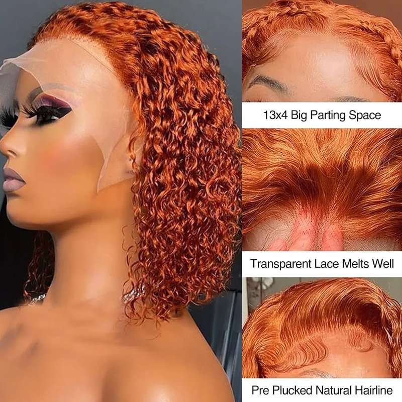 GOLFMAX 8-Inch Curly Bob Wig - Ginger Lace Front Human Hair | Water Wave, Pre-Plucked 13x4
