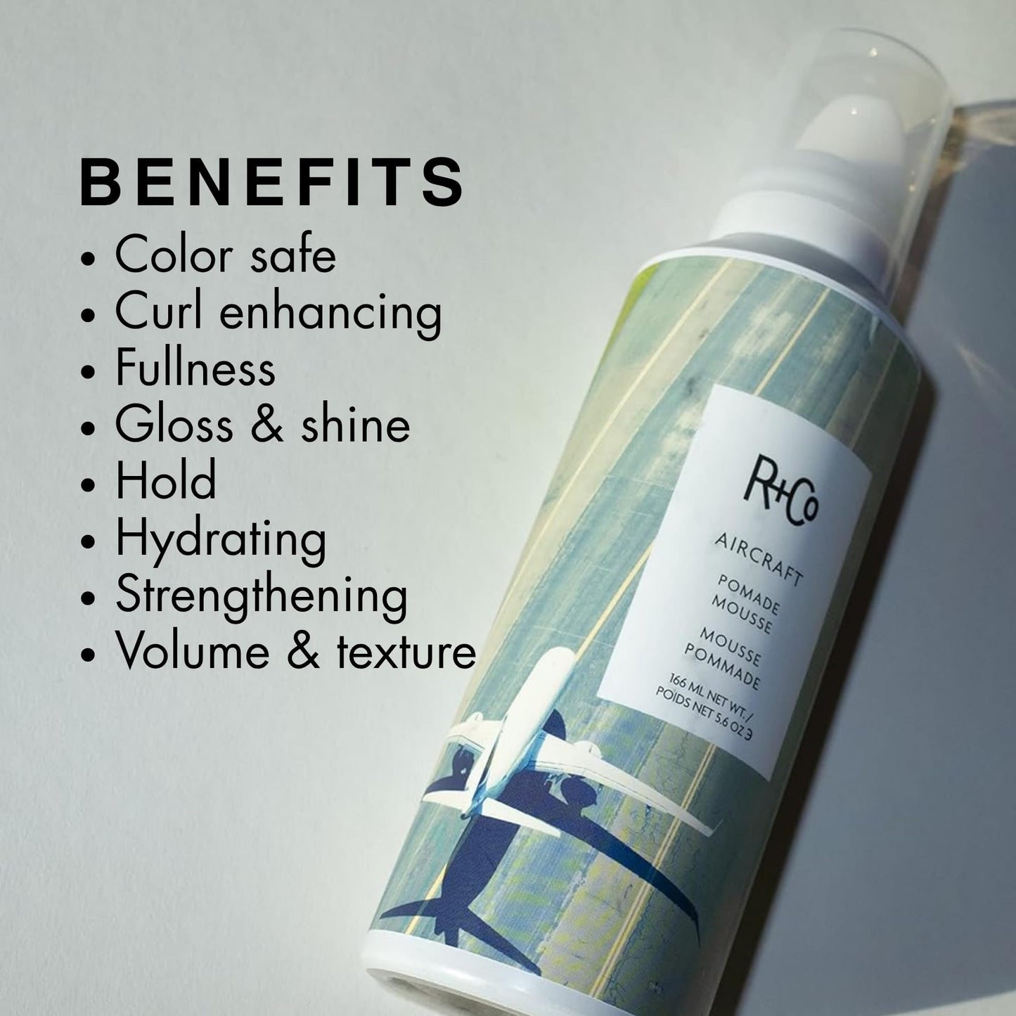 R+Co Aircraft Pomade Mousse - Lightweight Non-Sticky Styling Foam for Texture, Volume & Definition - Anti-Frizz Heat Protectant for Lived-In Hair - Any Hair Type - Vegan & Paraben-Free - 5.6oz