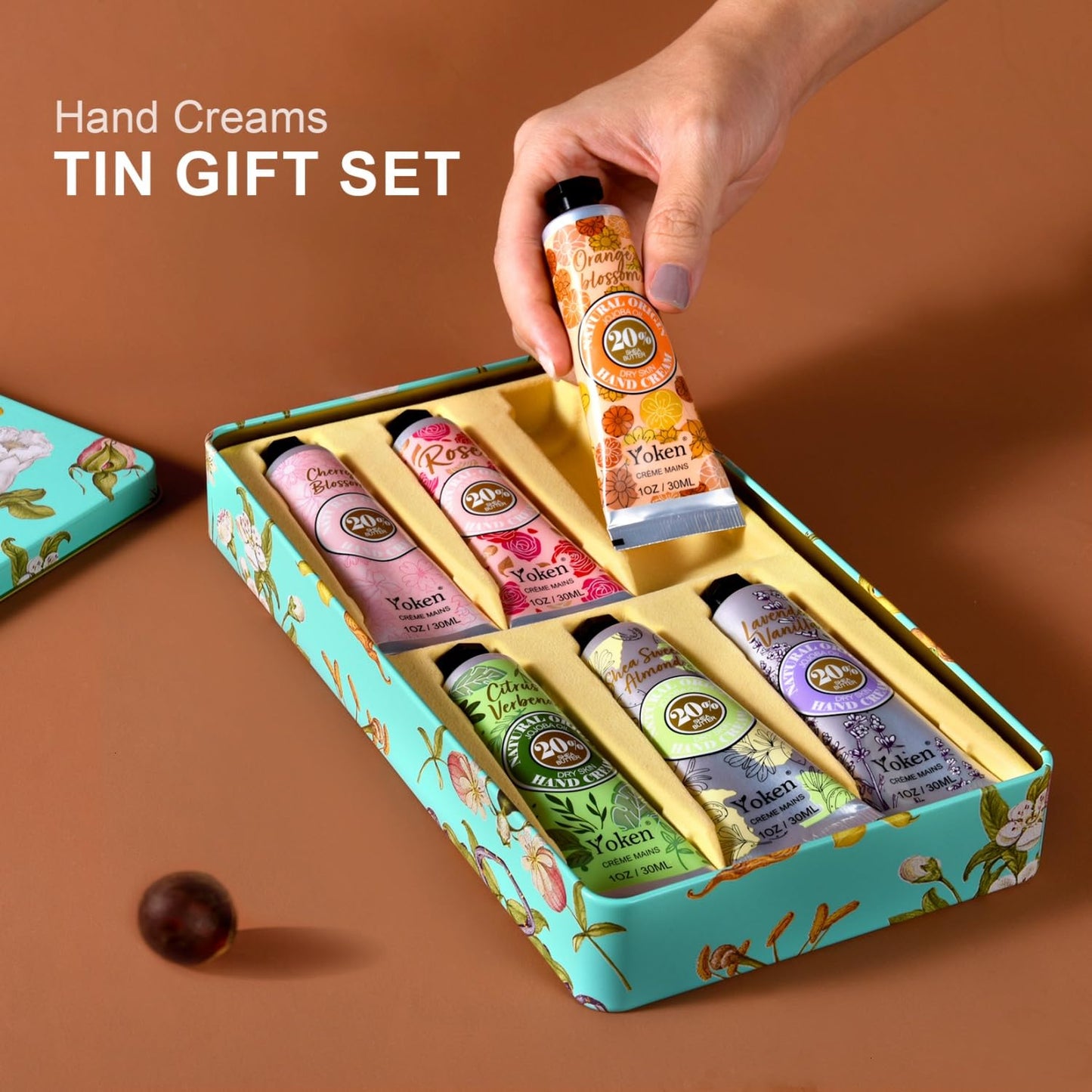 Shea Butter Hand Cream Gift Set - Instant Soothing Moisturizer for Dry Hands | 6-Piece Tin Set with Almond, Citrus Verbena & Floral Scents, 6 x 1 OZ