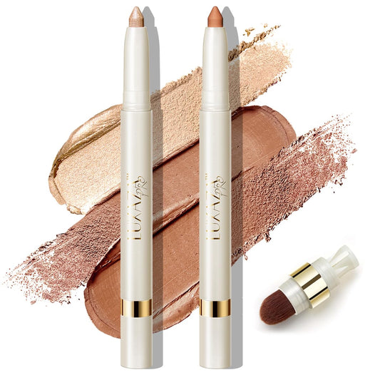 LUXAZA PRO 2PCS Eyeshadow Makeup Stick, Cream Shimmer, Eyeshadow Highlighter Makeup Eye Brightener Pencil Sticks Cosmetics, with Built-in Brush and Sharpener, S1M2 Caramel-latté