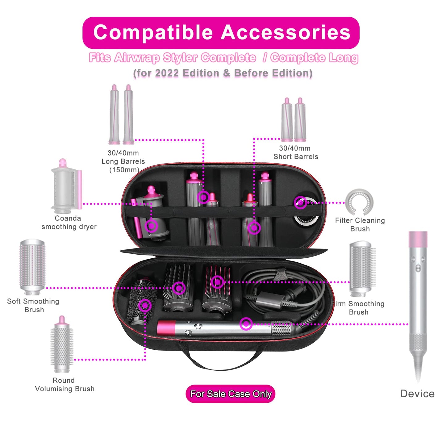 RLSOCO Travel Case for Dyson Airwrap Complete Long/Complete Styler HS08 HS05 HS01,NOT for Dyson Airwrap i.d. - Fits 4pcs Long Barrels or Short Barrels - Black (Case Only,Hair Styler is not Included)