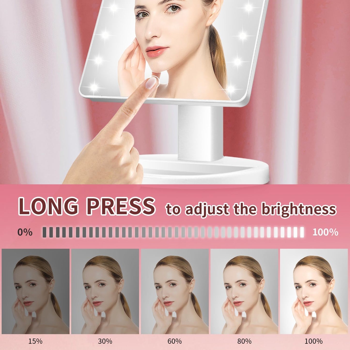 Lighted Makeup Mirror - 16 LED Lights, 180° Rotation | Touch Screen Brightness Adjustment, USB Powered (White)