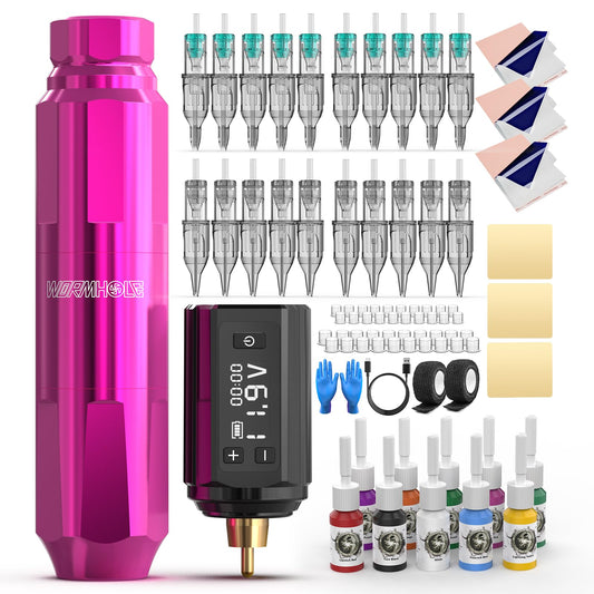 Wormhole Tattoo Machine Kit Wireless Tattoo Practice Machine Kit with 1,200mAh Capacity Batteries 20 Cartridge Needles 10 Tattoo Ink for Tattooists WTK412