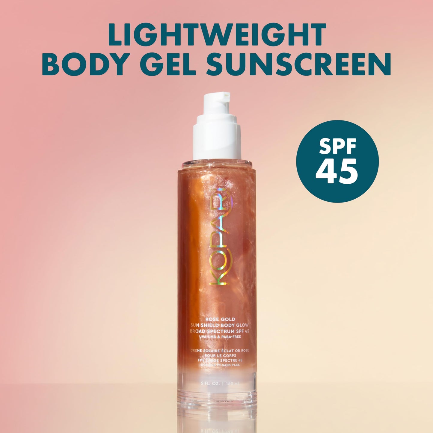 Kopari Sun Shield Body Glow, Broad Spectrum SPF 45, Lightweight Shimmering Gel Texture Absorbs Quickly, Non Sticky, Glowing Results, Rose Gold 5 oz