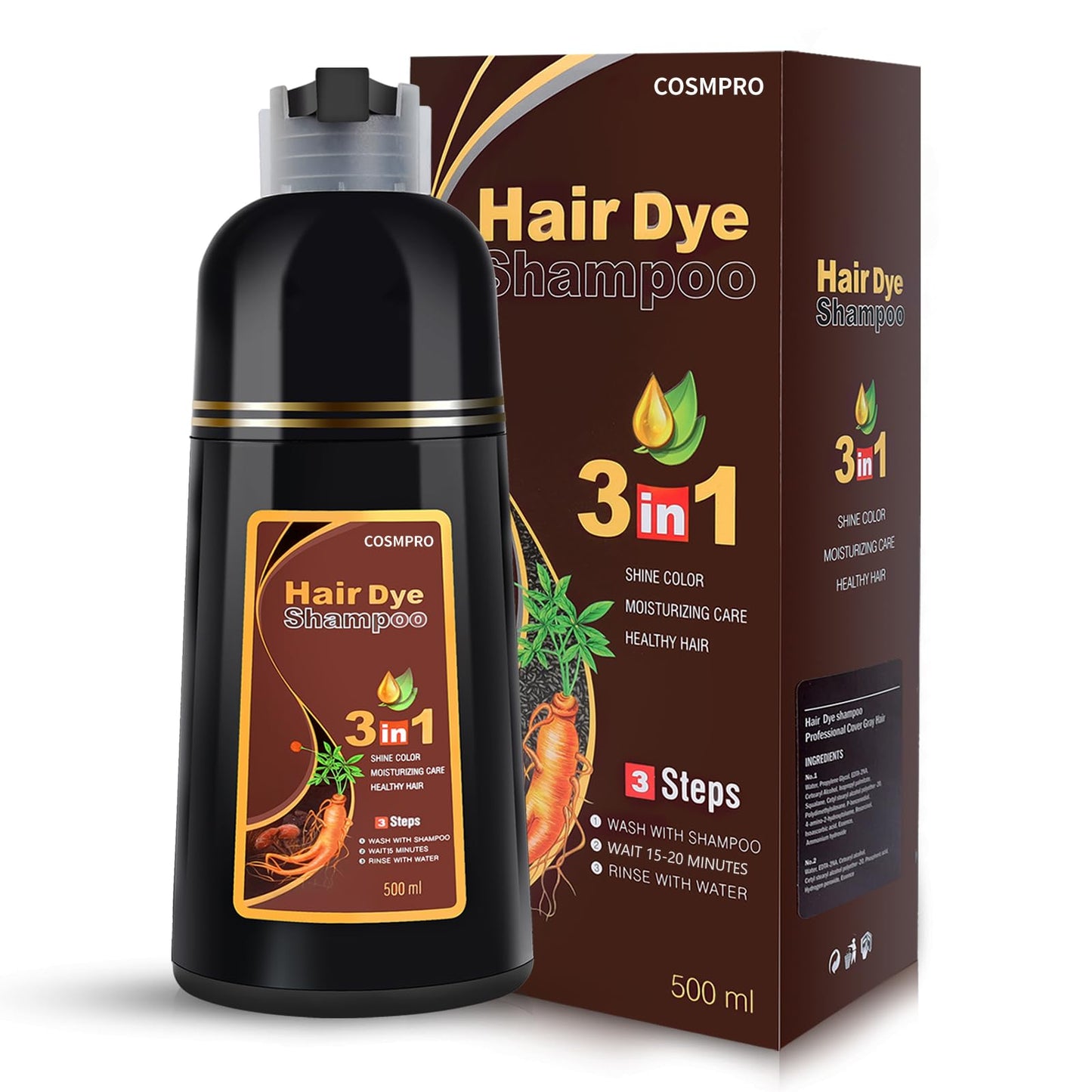 cosmpro Hair Dye Shampoo Chestnut Brown Hair Color Shampoo for Gray Hair Coverage Hair Dye Shampoo 3 in 1 for Men and Women, Instant Color Shampoo