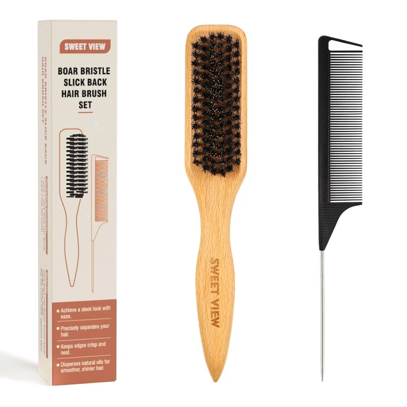 Boar Bristle Hair Brush - Smooth Flyaways & Frizz Control | Ideal for Sleek Ponytails, Buns & Edges