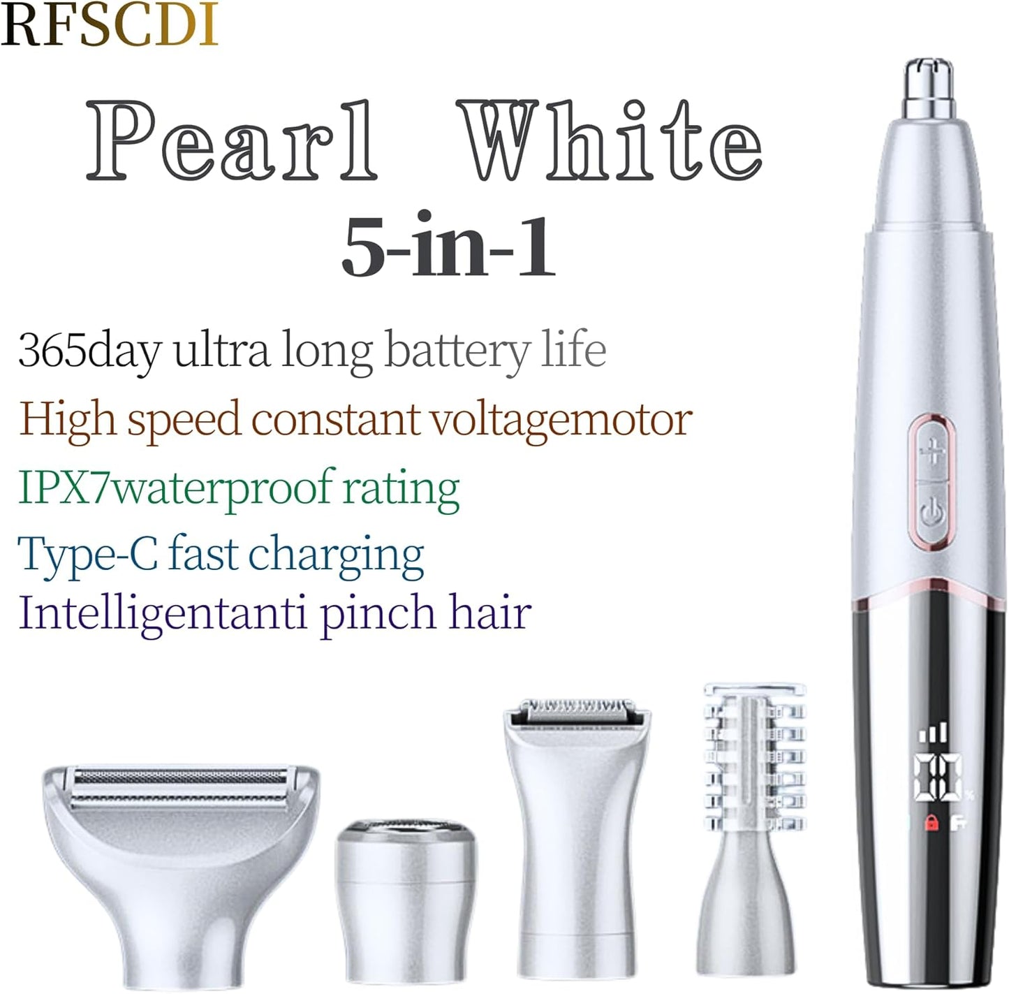 Rechargeable Nose & Ear Hair Trimmer - 5-in-1 Grooming Kit for Men & Women | IPX7 Waterproof, Dual Edge Design, White