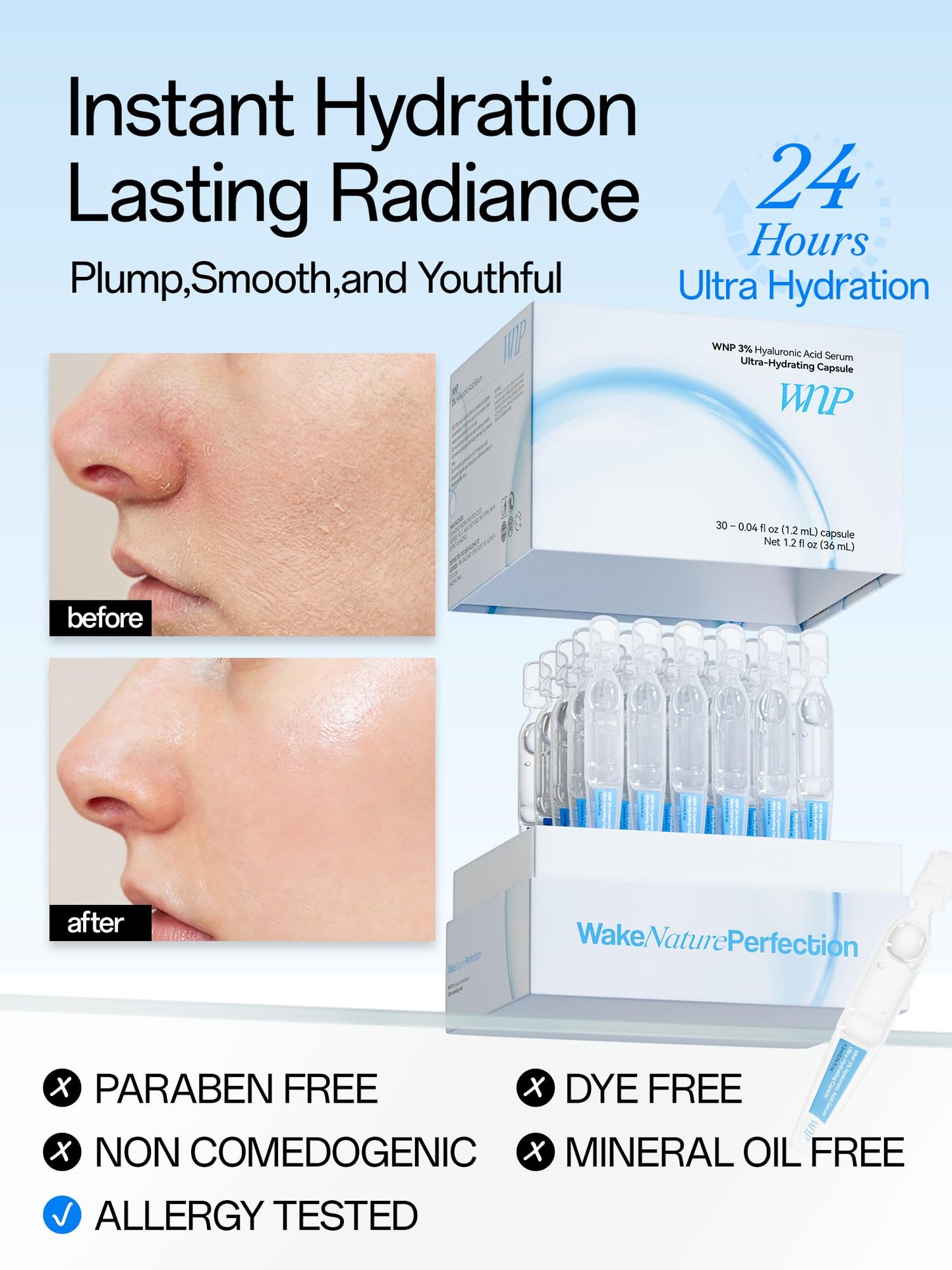 WNP Ultra Hydrating Serum 3% Hyaluronic Acid Smoother Skin|Pre-makeup SkinCare|Anti-Aging serum for face Single-Use Vials Skincare|for Sensitive skin|4D Hyaluronic Acid (60 vials)